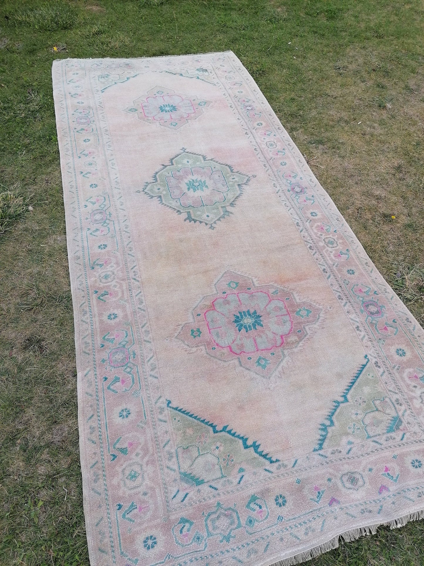 Oushak runner rug, turkish runner, vintage wool runner rug 4'10x11'6 hallway hand made rug, kitchen runner bohemian rug