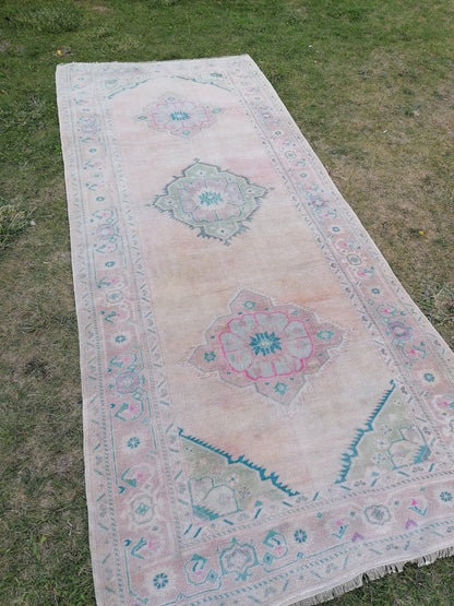 Oushak runner rug, turkish runner, vintage wool runner rug 4'10x11'6 hallway hand made rug, kitchen runner bohemian rug