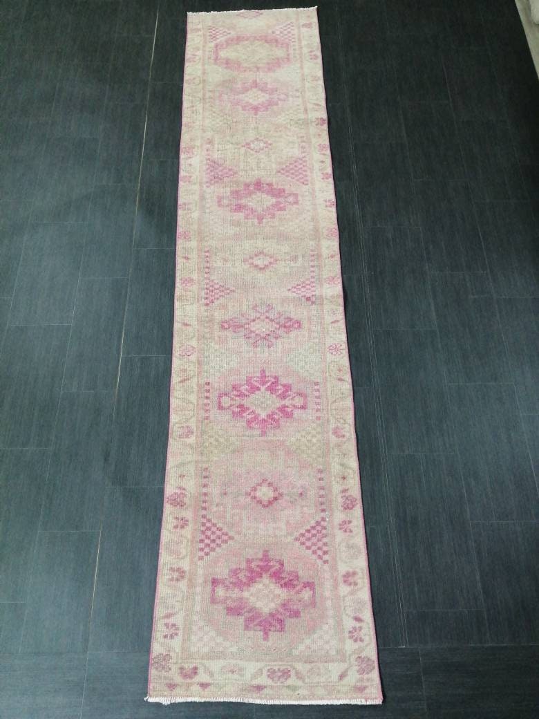 Oriental Runner Rug Muted Turkish Runner Rug 2.2 x 10.4 Pink Vintage Runner Rug Hallway Runner Rug Muted Persian Runner Rug Wool Runner Rug
