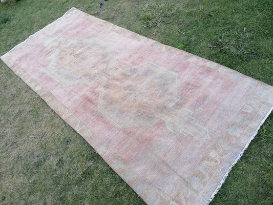 Oushak wool runner rug, vintage hallway runner 4'2x9'7 turkish hand made wool rug kitchen runner rug,