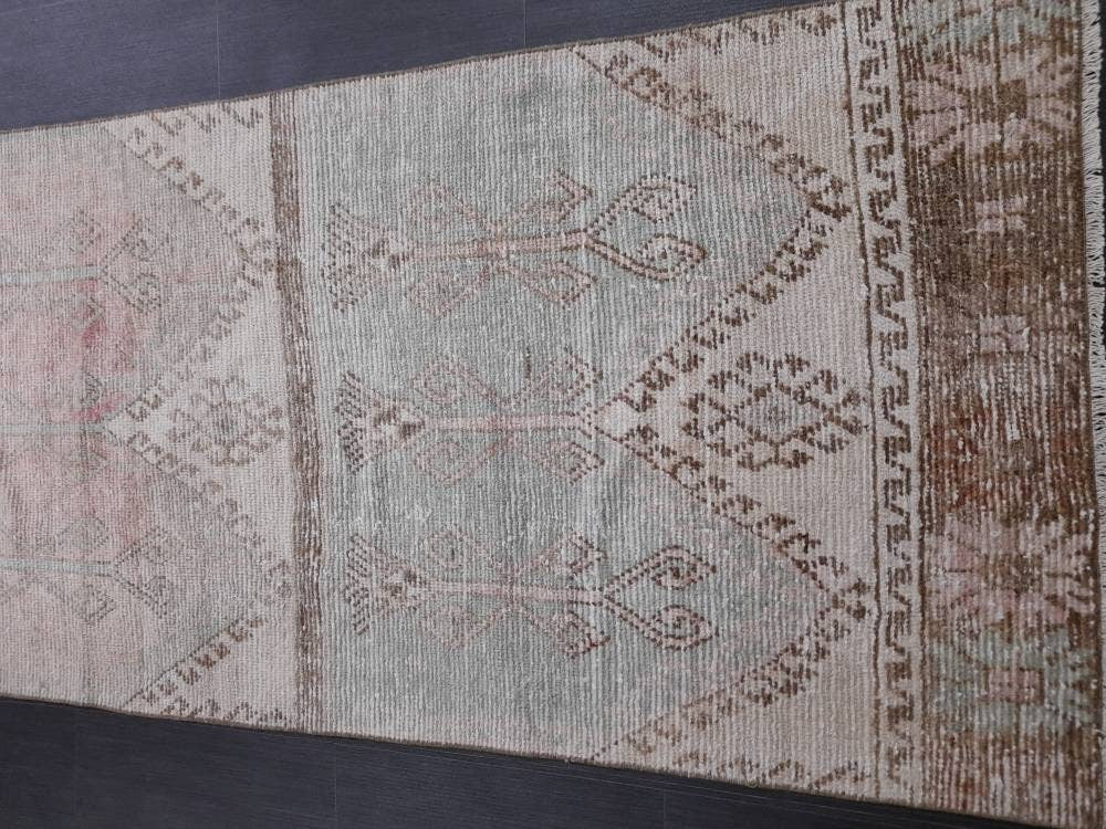 Muted Vintage Runner Rug 3.2 x 12.3 Hand Made Runner Rug Turkish Runner Rug Pink Vintage Runner Rug Hallway Runner Rug Distressed Runner Rug