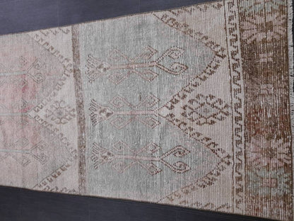 Muted Vintage Runner Rug 3.2 x 12.3 Hand Made Runner Rug Turkish Runner Rug Pink Vintage Runner Rug Hallway Runner Rug Distressed Runner Rug