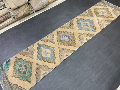 MUTED Hand Knotted Runner Antique Runner TURKISH Runner 2.8 x 12.8 Vintage  Hallway Runner Rug Muted Runner Rug Kitchen Rug Runner