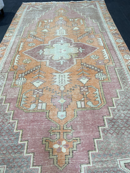 Handmade Rug, Persian 4.5 x 8.5  Rug, Navy Hand Knotted Rug, Vintage Rug, Yellow and Orange Turkish Rug, Oushak Rug, Oriental Rug, Wool Rug