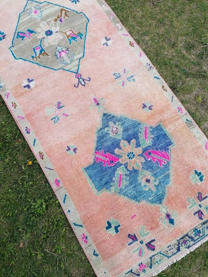 Vintage  blue runner, oushak wool runner 3x10'4 hallway green runner, turkish runner rug, entery runner, kitchen runner