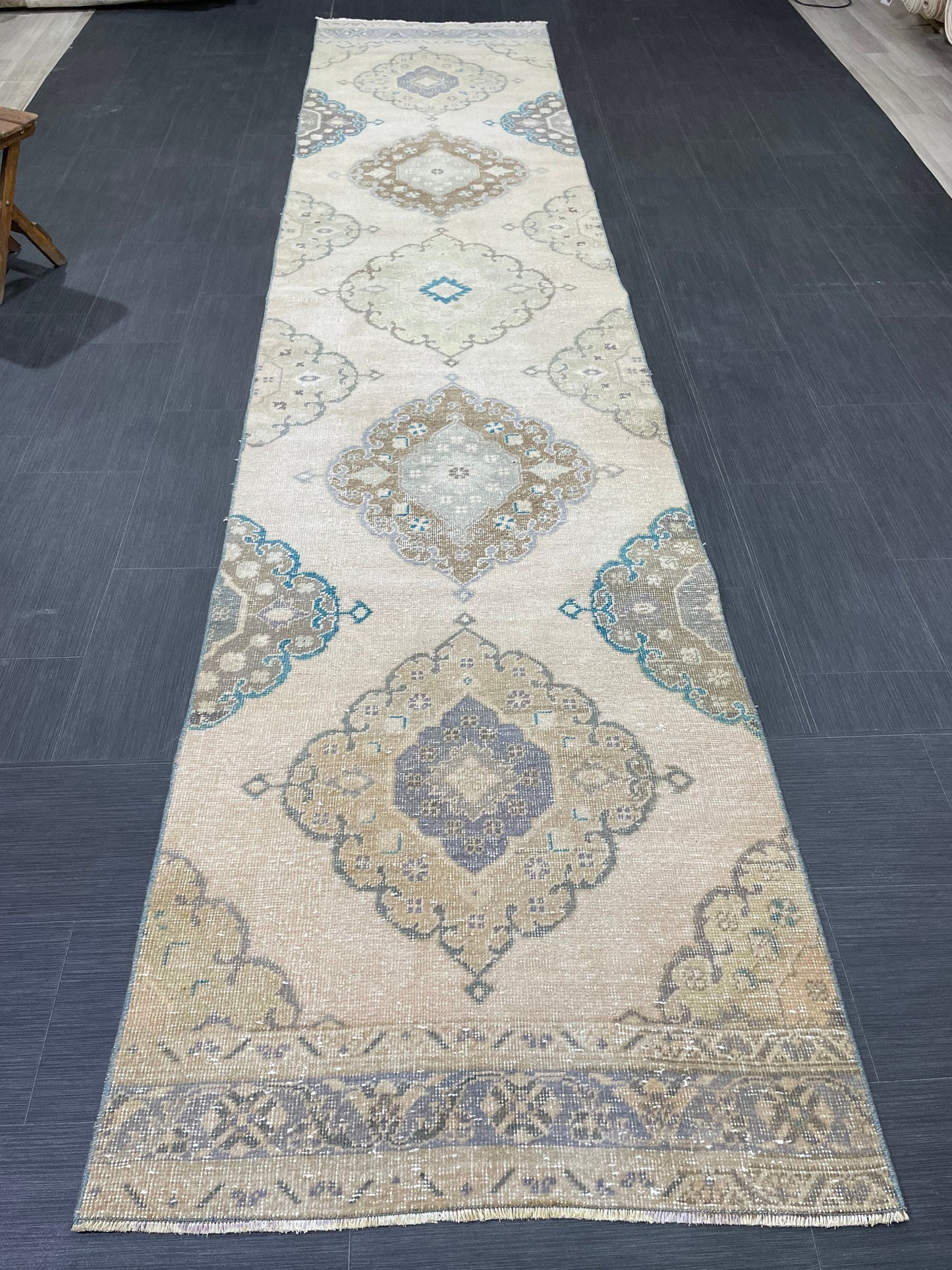 Muted Turkish Runner Rug Vintage 3 x 13.7 Runner Rug Hallway Runner Rug Hand Knotted Runner Kitchen Runner Rug Handmade Runner Rug