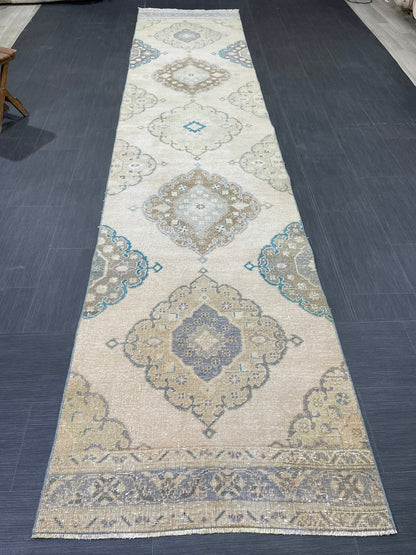 Muted Turkish Runner Rug Vintage 3 x 13.7 Runner Rug Hallway Runner Rug Hand Knotted Runner Kitchen Runner Rug Handmade Runner Rug