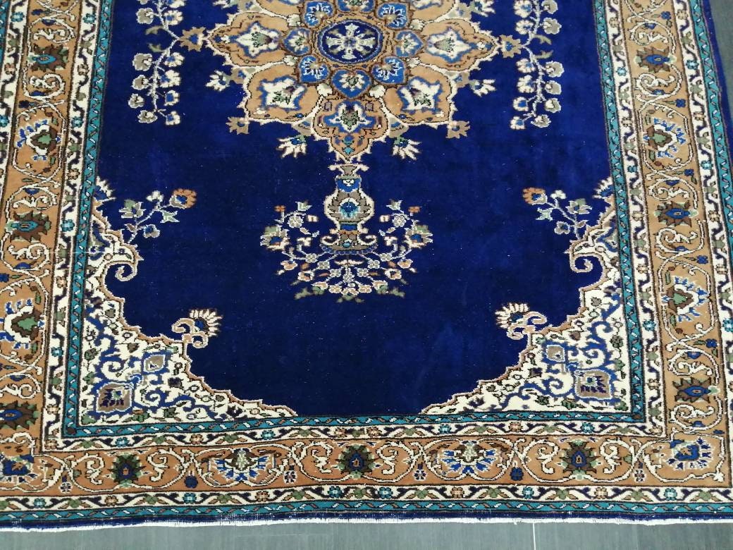 Navy High Wool Pile Vintage RUG 7 x 9.8 TURKISH Rug Vintage High Pile Oushak  Rug Vintage Rug Wool Oushak Rug Blue Rugs Persian Rug 7x10 rug