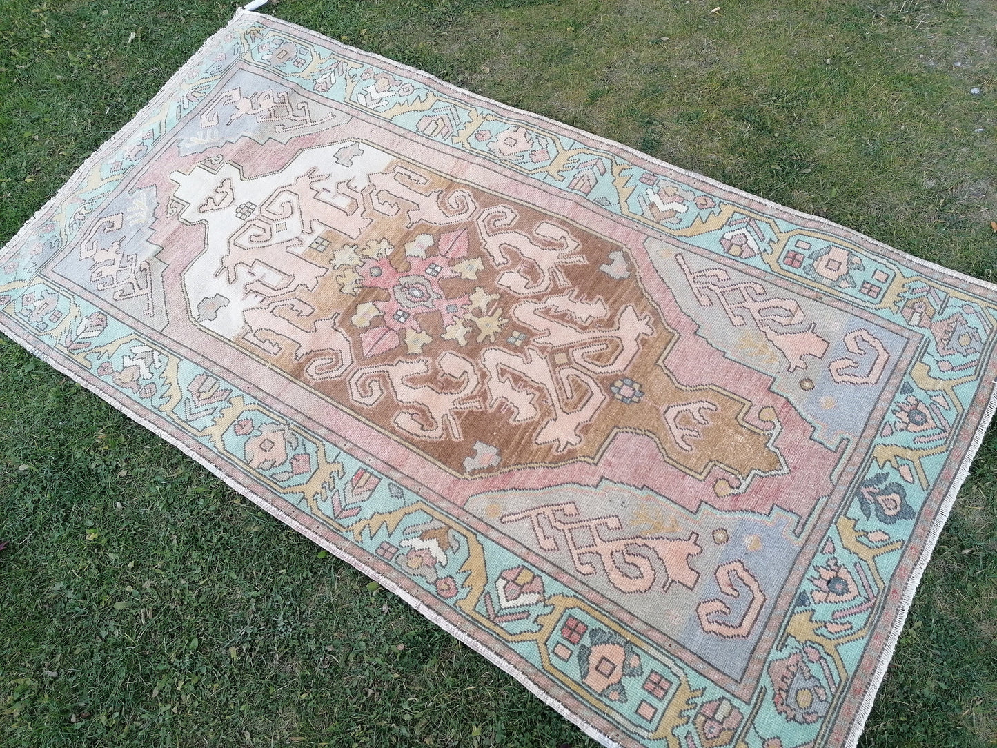 Vintage oushak hand made wool rug 4’4.8’3 kitchen rug, bohemian rug, area rug