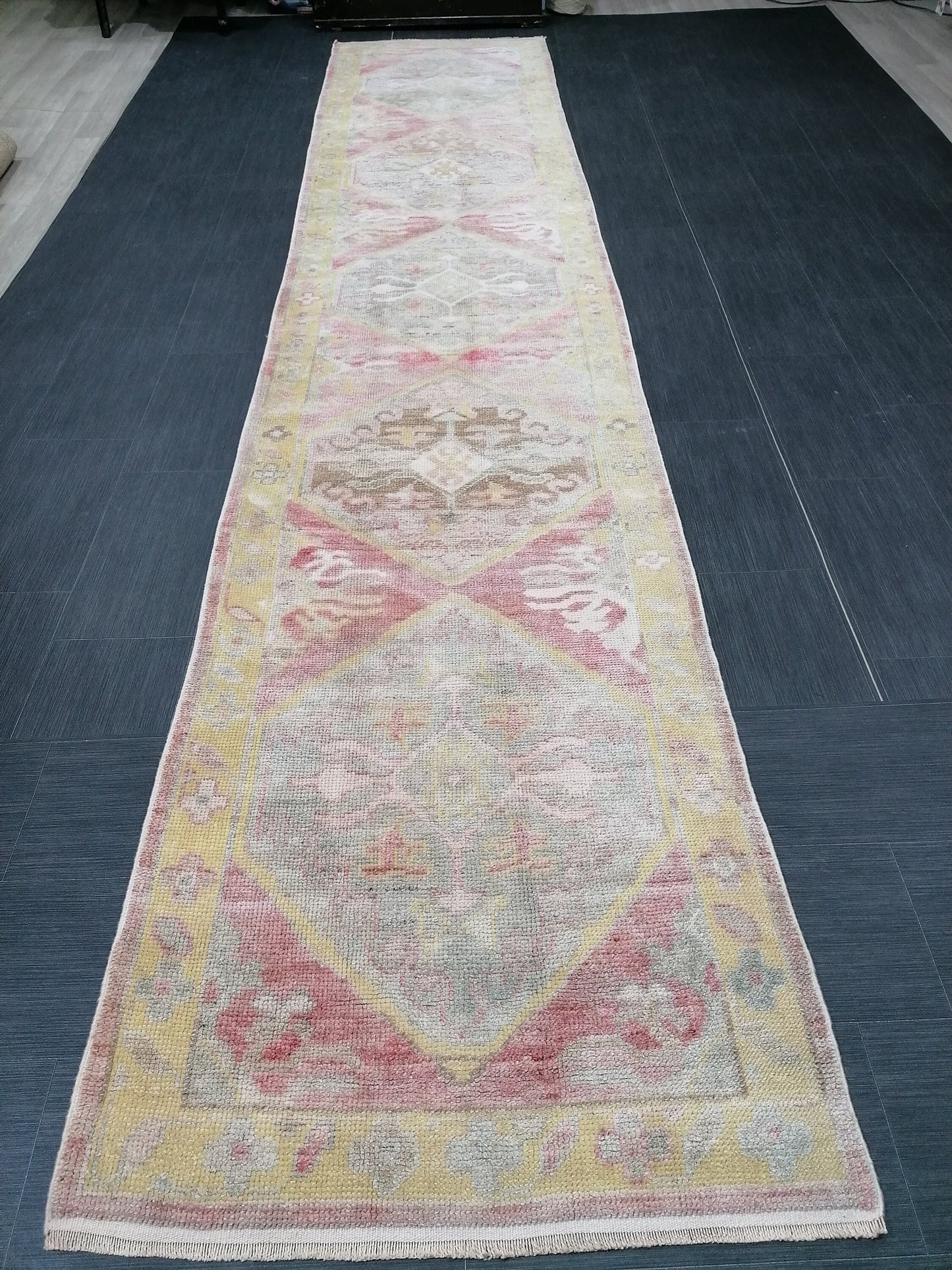 Oushak turkish runner rug 3x14'5 oushak new production wool runner rug pastel hallway runner rug handmade runner