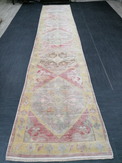 Oushak turkish runner rug 3x14'5 oushak new production wool runner rug pastel hallway runner rug handmade runner