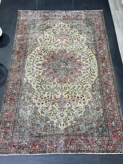 Vintage Rug, Persian Rug, Handmade Rug Muted Vintage 7 x 10.5 Rug, Hand Knotted Rug, Turkish Oushak Rug, Vintage Wool Turkish Rug