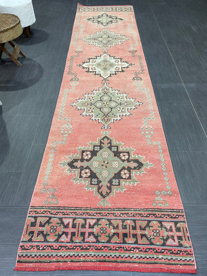 Vintage Runner Rug, Handmade 2.6 x 11 Runner Rug, Hand Knotted Runner Rug, Hallway Runner Rug, Kitchen Runner Rug Wool Runner