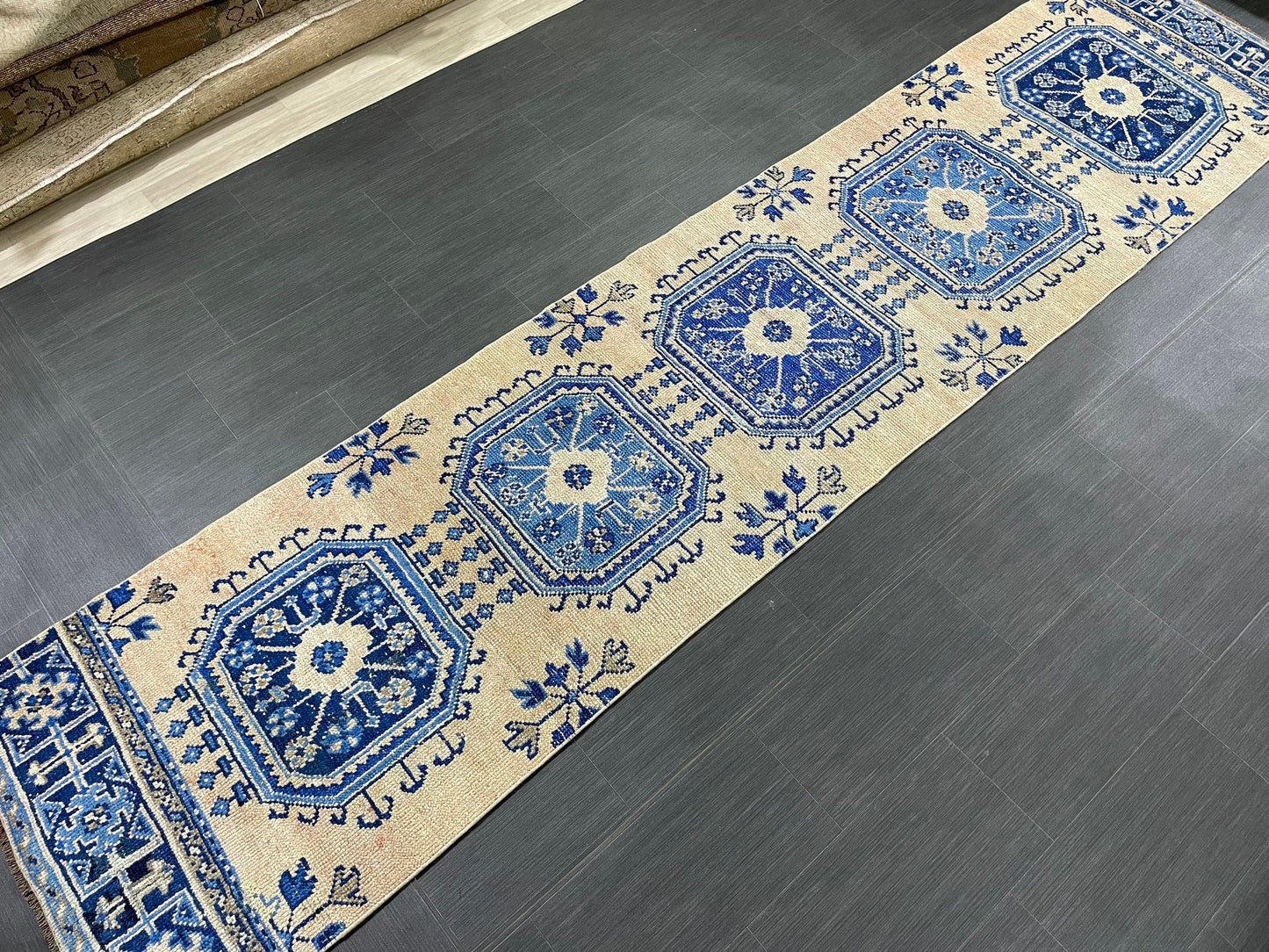Blue and Blue Vintage Runner Rug Vintage Oushak Runner Rug 2.7 x 12  Hallway Runner Rug Turkish Kitchen Runner Antique Oriental Runner Rug