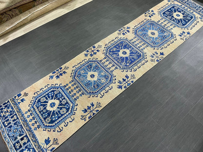 Blue and Blue Vintage Runner Rug Vintage Oushak Runner Rug 2.7 x 12  Hallway Runner Rug Turkish Kitchen Runner Antique Oriental Runner Rug