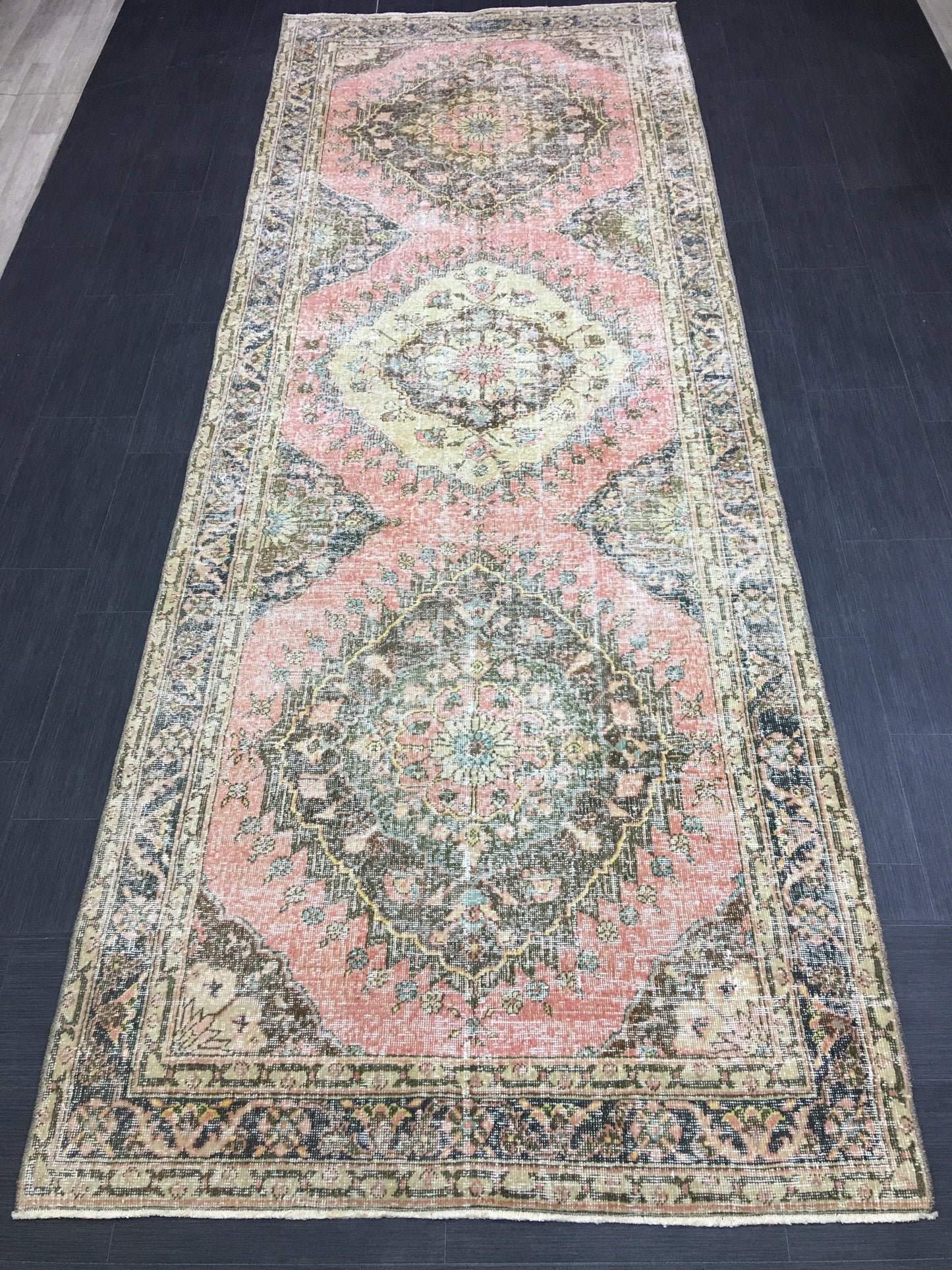 Handmade Vintage Runner Rug 4.6 x 12.7 Vintage Runner Hand Knotted TURKISH Runner Vintage Runner Distressed Vintage Persian Muted Runner