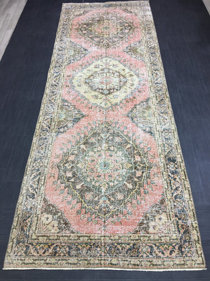Handmade Vintage Runner Rug 4.6 x 12.7 Vintage Runner Hand Knotted TURKISH Runner Vintage Runner Distressed Vintage Persian Muted Runner