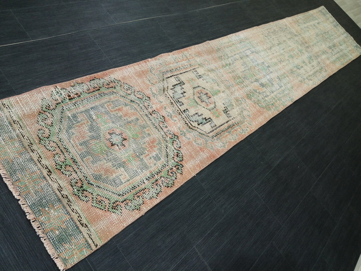 11.9x2.2 Distressed Runner Rug Turkish Runner Rug Muted Vintage Runner Rug  Faded Hallway Runner Rug Kitchen Runner Rug Wool Runner Rug