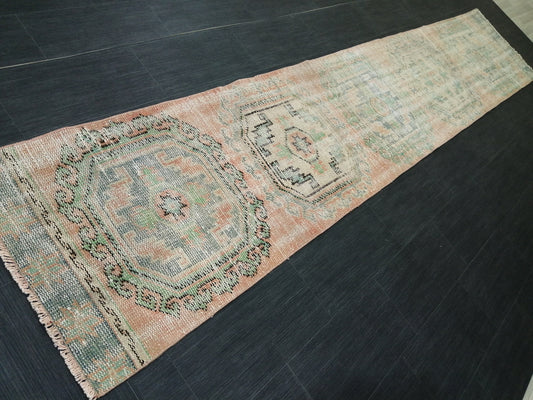 11.9x2.2 Distressed Runner Rug Turkish Runner Rug Muted Vintage Runner Rug  Faded Hallway Runner Rug Kitchen Runner Rug Wool Runner Rug