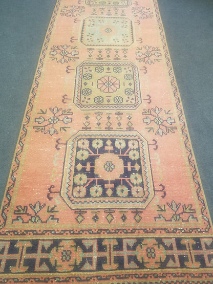 Oushak turkish runner rug, vintage rug, vintage oushak runner rug, vintage anatolian rug,unique hand made rug,kitchen runner rug 11'10x3' ft
