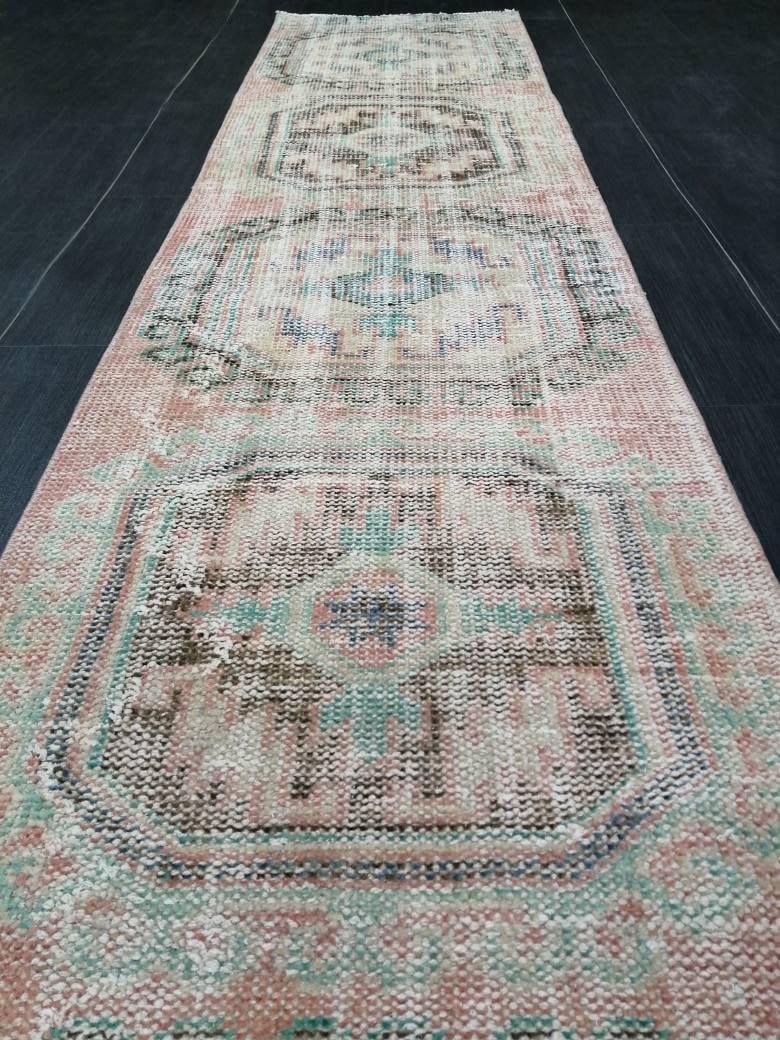 Muted Oushak Runner Rug 2.2 x 11  Vintage Runner Rug Distressed Hallway Runner Rug Turkish Kitchen Runner Rug Antique Wool Runner Rug