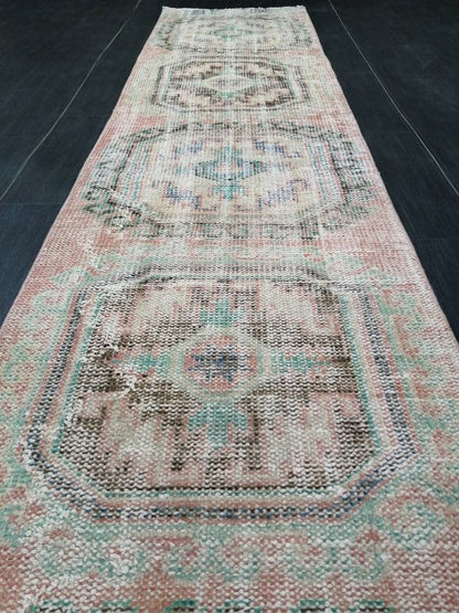 Muted Oushak Runner Rug 2.2 x 11  Vintage Runner Rug Distressed Hallway Runner Rug Turkish Kitchen Runner Rug Antique Wool Runner Rug