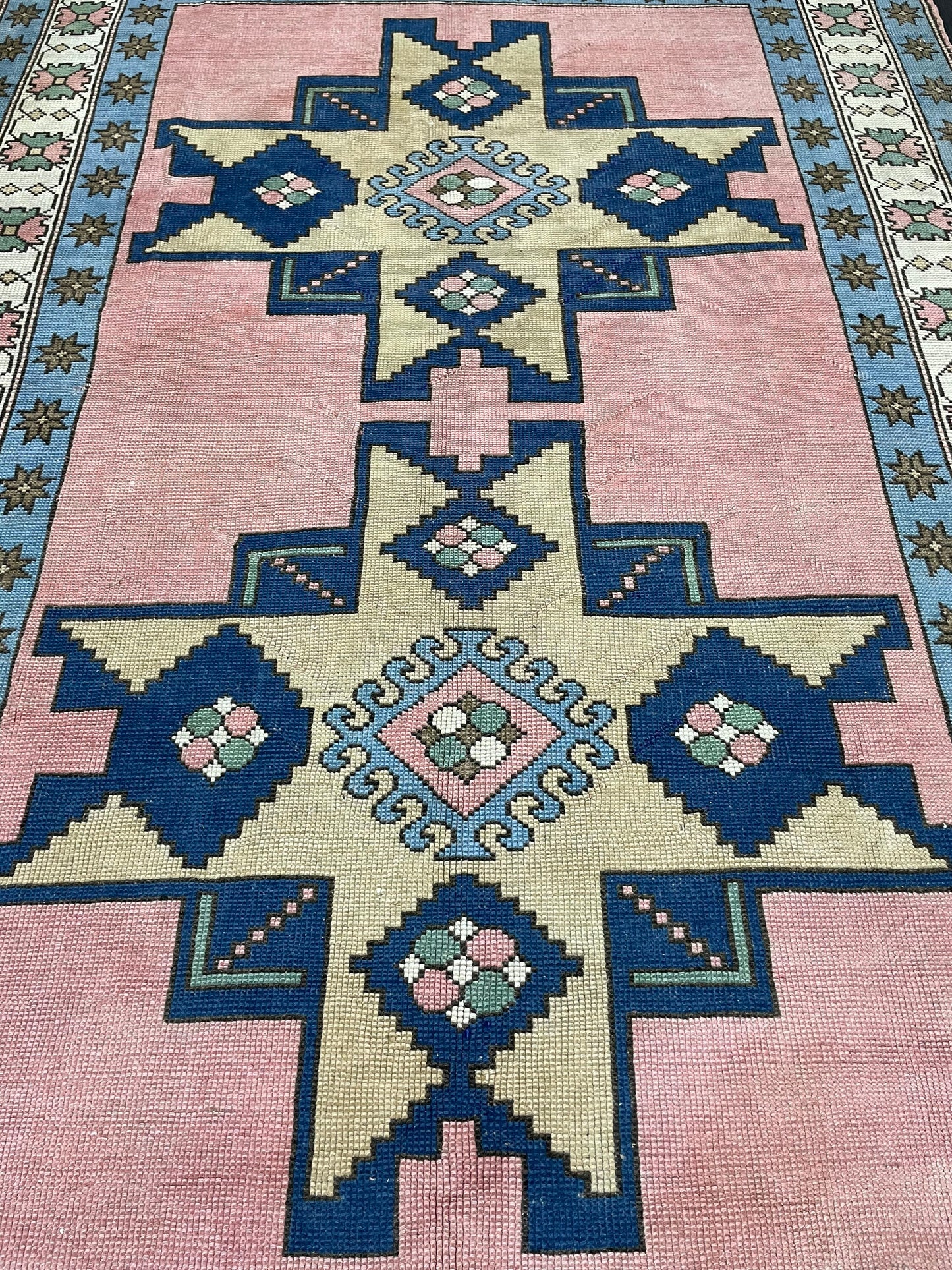 Turkish Rug Vintage 6.6 x 9.8 Rug Antique Rug Vintage Blue Pink Rug Wool