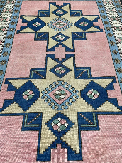 Turkish Rug Vintage 6.6 x 9.8 Rug Antique Rug Vintage Blue Pink Rug Wool