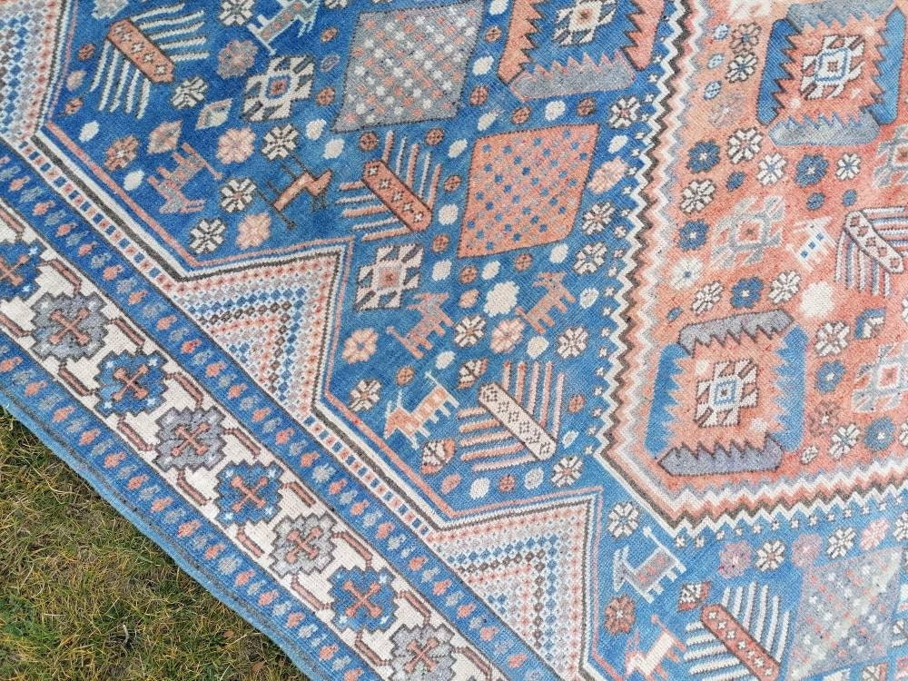 Turkish blue wool rug 6'8x10 large oushak vintage rug, unique hand made, living room rug