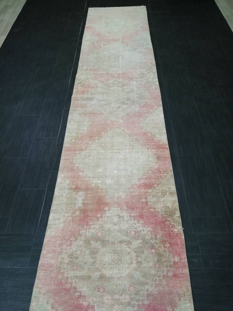 Distressed Antique Runner Rug 2.7 x 13.6 Turkish Vintage Runner Rug
