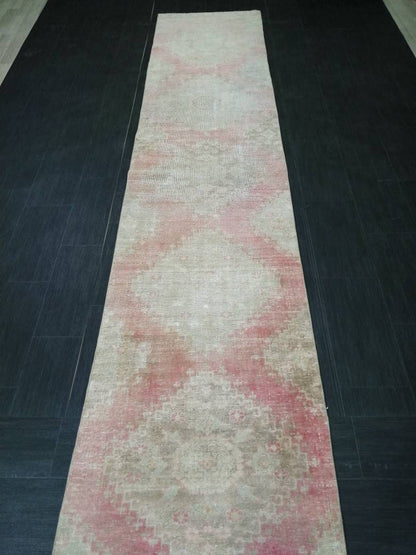 Distressed Antique Runner Rug 2.7 x 13.6 Turkish Vintage Runner Rug