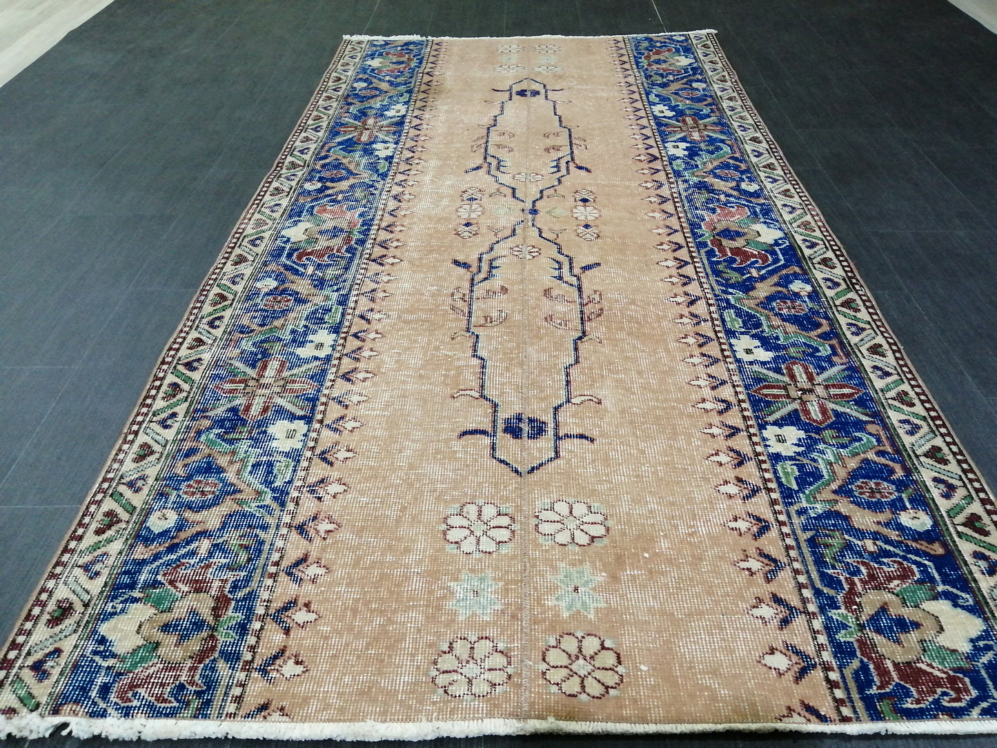 3.7 x 7.2 Blue Runner Rug, Hand Made Rug, Oushak Rug,  Boho Rug, Rug Runner, Turkish Rug, Farmhouse Rug, Vintage Rug, Wool rug Oriental Rug