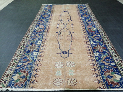 3.7 x 7.2 Blue Runner Rug, Hand Made Rug, Oushak Rug,  Boho Rug, Rug Runner, Turkish Rug, Farmhouse Rug, Vintage Rug, Wool rug Oriental Rug