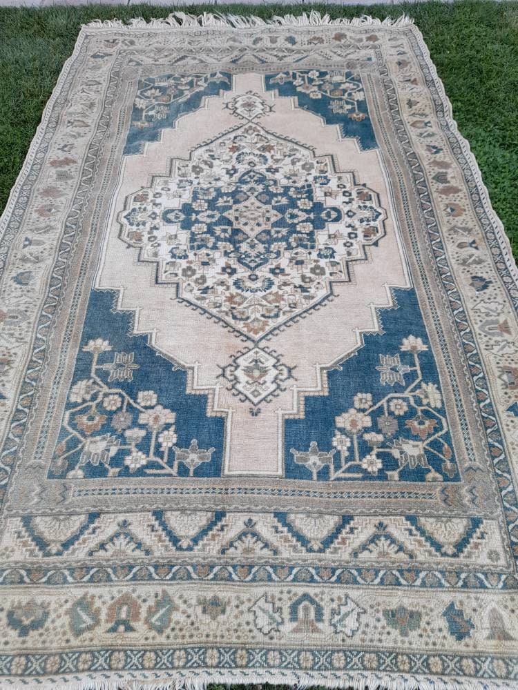 Muted TURKISH Rug Vintage Oriental Rug Vintage Persian Rug Blue OUSHAK RUG 6 x 10 Oushak Rug Hand Made Rug Vintage Excellent Condition Rug