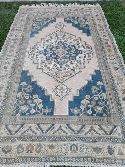 Muted TURKISH Rug Vintage Oriental Rug Vintage Persian Rug Blue OUSHAK RUG 6 x 10 Oushak Rug Hand Made Rug Vintage Excellent Condition Rug