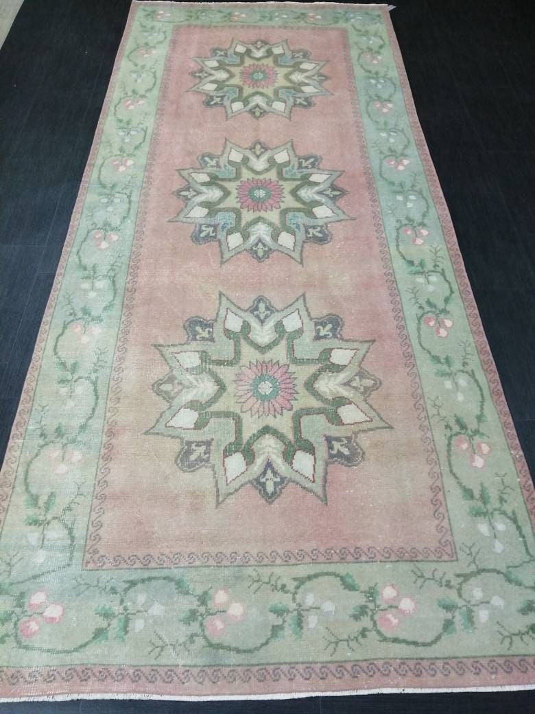 Wool Runner Rug  Muted 4.5 x 10.6 Hand Made Runner Rug Turkish Runner Rug Vintage Runner Rug Hallway Runner Rug Wool Kitchen Runner Rug
