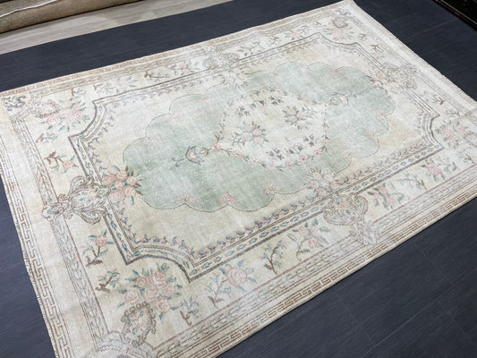 Handmade Rug 6x9 Oushak Rug Distressed Rustic Rug, Light Green Rug Hand Knotted Rug Turkish Rug, Farmhouse Rug, Vintage Rug, Wool rug