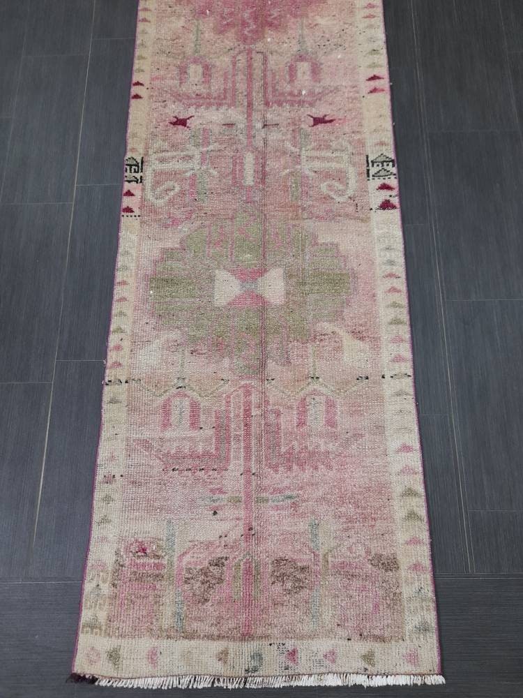 Muted Vintage Runner Rug Vintage Persian Runner Rug 2.4 x 12.4 Hallway Runner Rug Turkish Kitchen Runner Rug Antique Wool Oriental Runner
