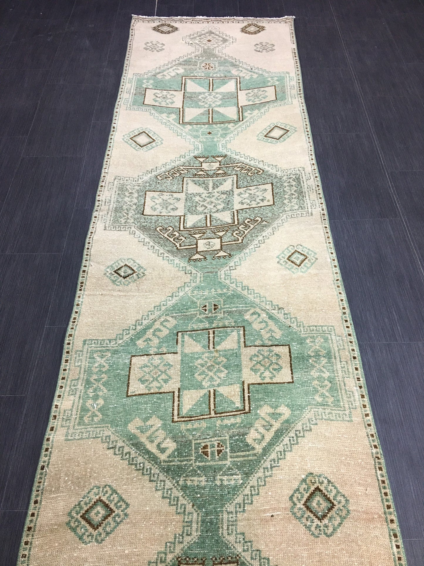 Vintage Hand Made Runner 2.7 x 11.6 Muted Runner Rug Turkish Runner Rug Muted Persian Runner Rug Vintage Rug Oriental Runner Rug Green