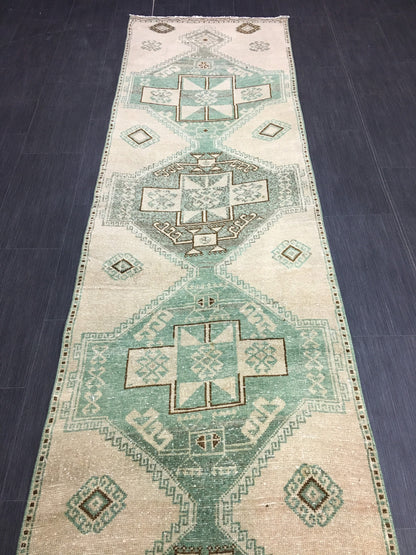 Vintage Hand Made Runner 2.7 x 11.6 Muted Runner Rug Turkish Runner Rug Muted Persian Runner Rug Vintage Rug Oriental Runner Rug Green