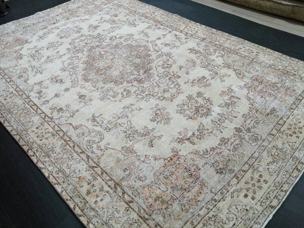 6.5 x 10.3 Muted OUSHAK RUG Neutral Vintage Oushak Rug Large Vintage Rug Wool Oushak Rug Hand Made Rugs Vintage Turkish Rug