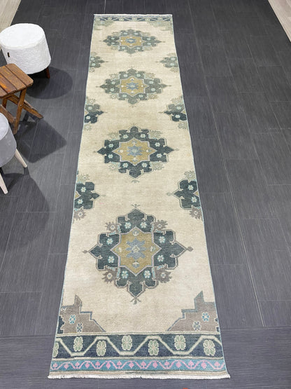 Muted Handmade Runner Rug Turkish Runner 2.7 x 11 Rug Vintage Runner Rug Hallway Runner Rug Kitchen Runner Rug Green Hand Knotted Runner