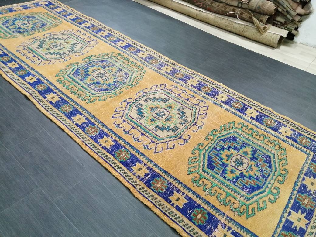 Vintage Runner Rug, 4 X 12.3 Muted Oushak Rug, Turkish Runner Rug , Yellow Persian Rug Runner Turkish Rug, Vintage Rug Oriental Rug 4x12