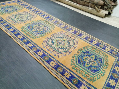 Vintage Runner Rug, 4 X 12.3 Muted Oushak Rug, Turkish Runner Rug , Yellow Persian Rug Runner Turkish Rug, Vintage Rug Oriental Rug 4x12
