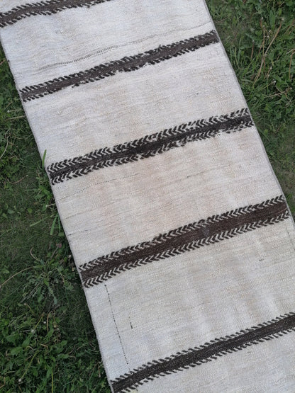 2.6 x 33 Neutral extra long runner rug, flatweave kilim runner, stripe handmade runner rug, turkish woven runner, no dye runner rug