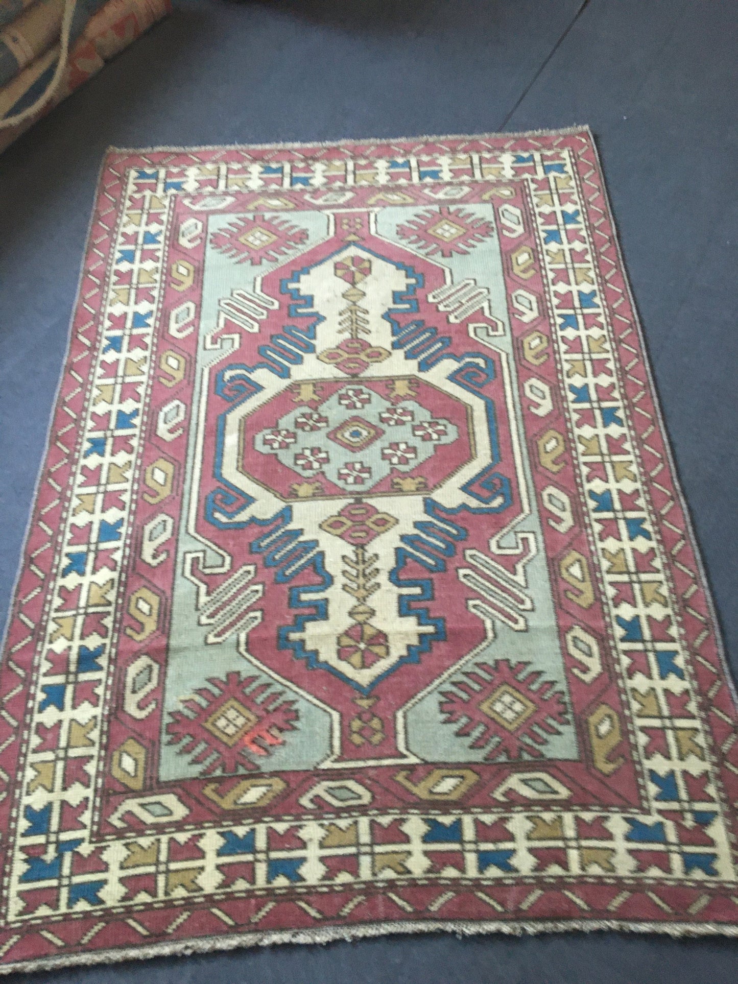 4x6 feet claret red muted vintage kitchen area rug, handmade blue turkish living room carpet, wool bedroom floor wide rug, bathroom area rug