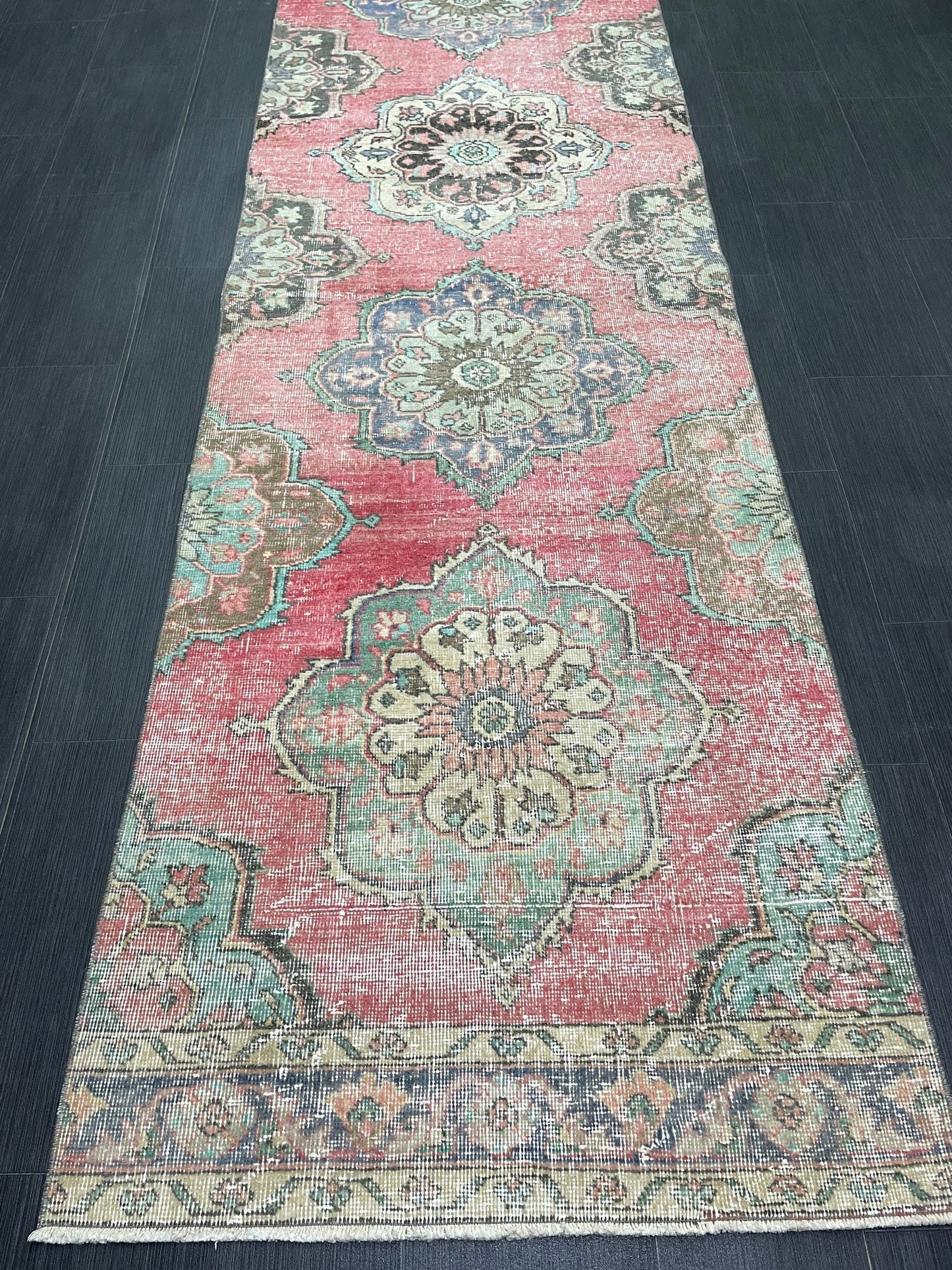 Muted Vintage Runner Rug Vintage Oushak Runner Rug 3 x 12.5  Hallway Runner Rug Turkish Kitchen Runner Rug Antique Wool Oriental Runner Rug