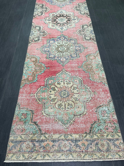 Muted Vintage Runner Rug Vintage Oushak Runner Rug 3 x 12.5  Hallway Runner Rug Turkish Kitchen Runner Rug Antique Wool Oriental Runner Rug