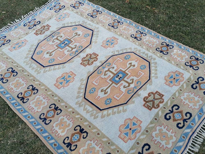 Oushak turkish rug 5'8x8 pastel vintage rug, large living room rug, kitchen rug, vintage anatolian rug,unique hand made bohemian