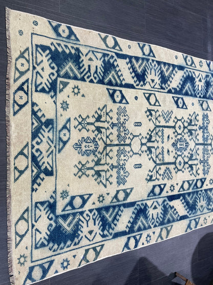 Hand Knotted Rug, Vintage Handmade RUG, Muted Vintage 3.8 x 6.2 Rug, Fine Rug, Wool Oushak Rug, Vintage Persian Rug, Turkish Blue Rug.